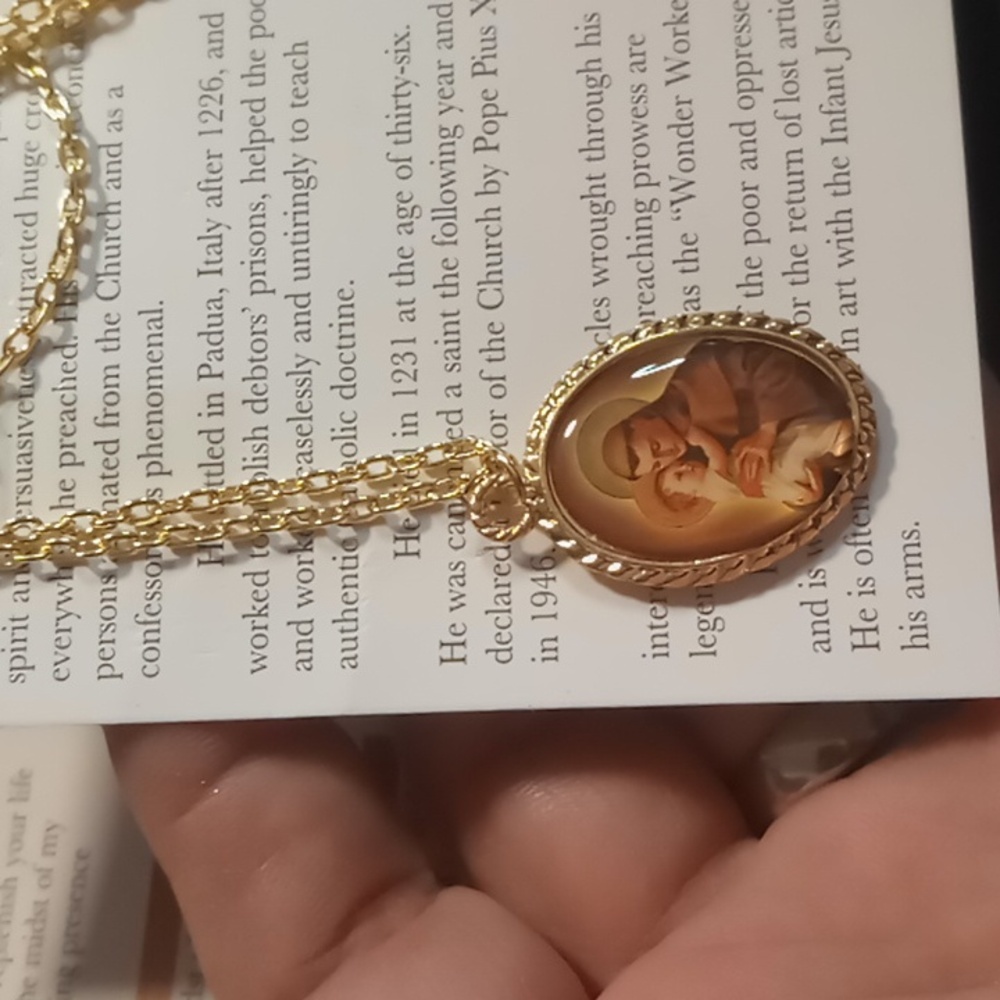 St. Anthony pendant necklace gold wash enamel. Prayer ,religion, Christianity